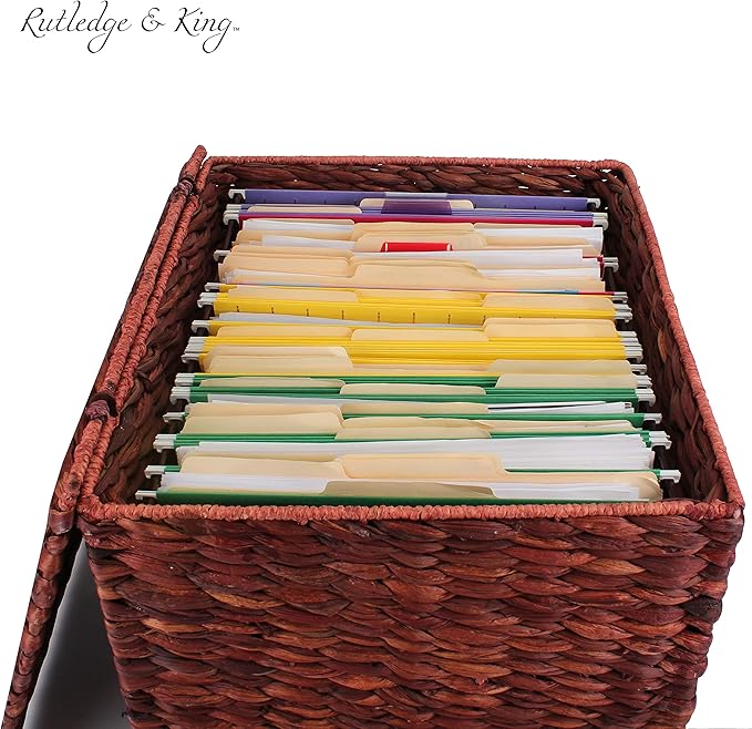Seagrass Rolling File Cabinet - Home Filing Cabinet - Hanging File Organizer - Home and Office Wicker File Cabinet - Water Hyacinth Storage Basket for File Storage (Russet Brown)