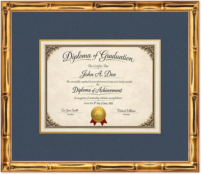 Diploma Frame Gold Bamboo with Navy Blue Over Gold Double Mat - Fits 11 x 8.5 US Letter Certificate Wall Display Made in the USA