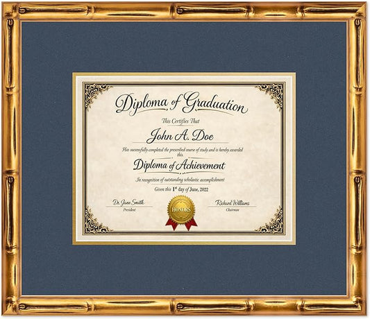 Diploma Frame Gold Bamboo with Navy Blue Over Gold Double Mat - Fits 11 x 8.5 US Letter Certificate Wall Display Made in the USA
