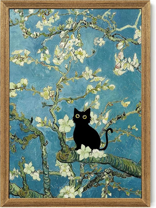 Fantasy Artists Van Gogh's Almond Blossom Funny Black Cat Canvas Wall Art, Oil Painting Posters Home Decor, Vintage Abstract Aesthetic Wall Decorations for Living Room Bedroom, 16'' x 24''