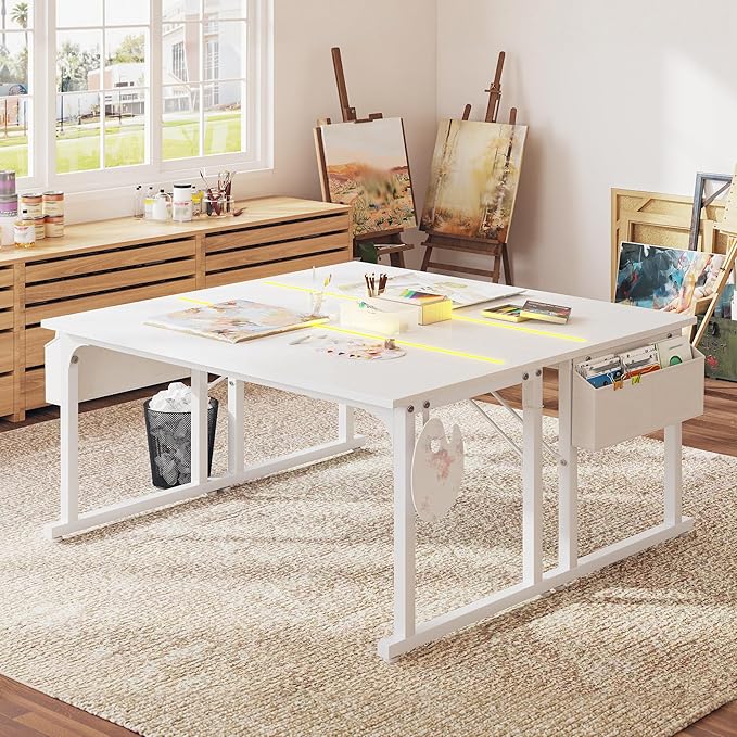 55 Inch White Computer Desk with LED Lights, Office Desk with Storage Bag for Home Office, Gaming Desk with Headphone Hook for Study Writing Work Desk,Sturdy Metal Frame