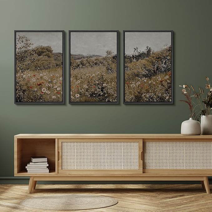 SIGNFORD Framed Wall Art Print Set Summer Wildflower Lush Floral Landscape Illustrations Modern Decorative Multicolor Relax/Calm Chic for Living Room, Bedroom, Office - 24"x36"x3 Black