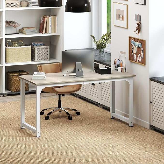 NSdirect Large Office Desk for Home Office, Large 63" Computer Desk Table, Wide Writing Study Desk for 2 Person, Metal Sturdy Frame Thicker Steel Legs, (White Oak, 63"L x 23.6"W x 29.5"H)