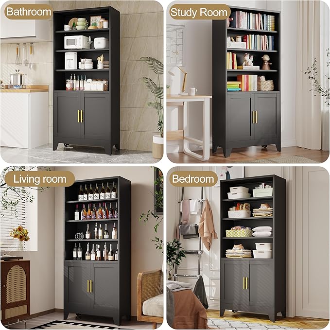 71" H Tall Metal Bookcases and Bookshelves with 2 Doors and Adjustable Shelves，Tall Storage Cabinet Industrial Bookshelf 6-Tier Open Display Shelf，Decor Furniture for Living Room, Bedroom