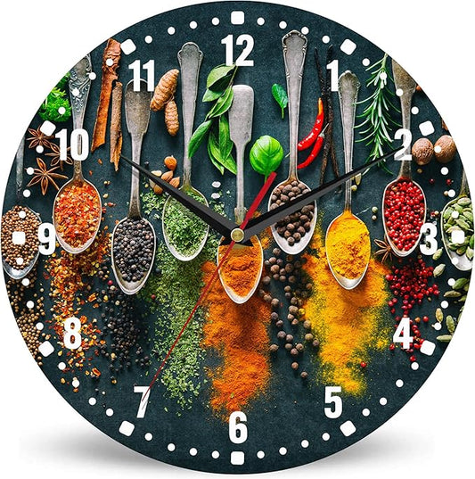 SPUNKER Clocks for Living Room,Colourful Herbs Spices 10 Inch Wall Clock,Spoons Small Battery Operated Wall Clocks Decorative for Kitchen/Living Room/Bedroom/Bathroom/Dining Room
