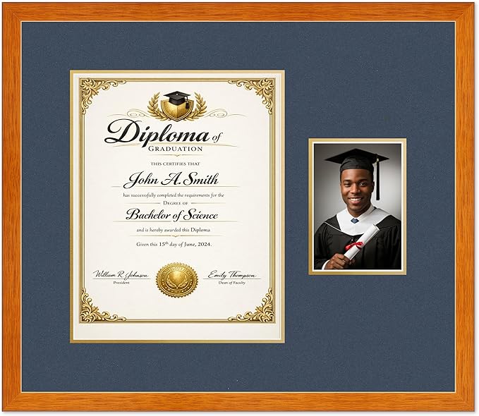 CountryArtHouse Fits 11 x 14 College Diploma (Portrait) and 5 x 7 Photo Diploma and Photo Frame Honey Oak Genuine Hardwood with Navy Blue Over Metallic Gold Double mat