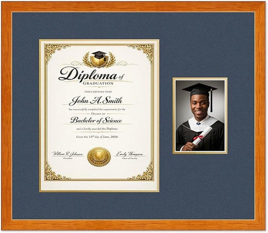 CountryArtHouse Fits 11 x 14 College Diploma (Portrait) and 5 x 7 Photo Diploma and Photo Frame Honey Oak Genuine Hardwood with Navy Blue Over Metallic Gold Double mat