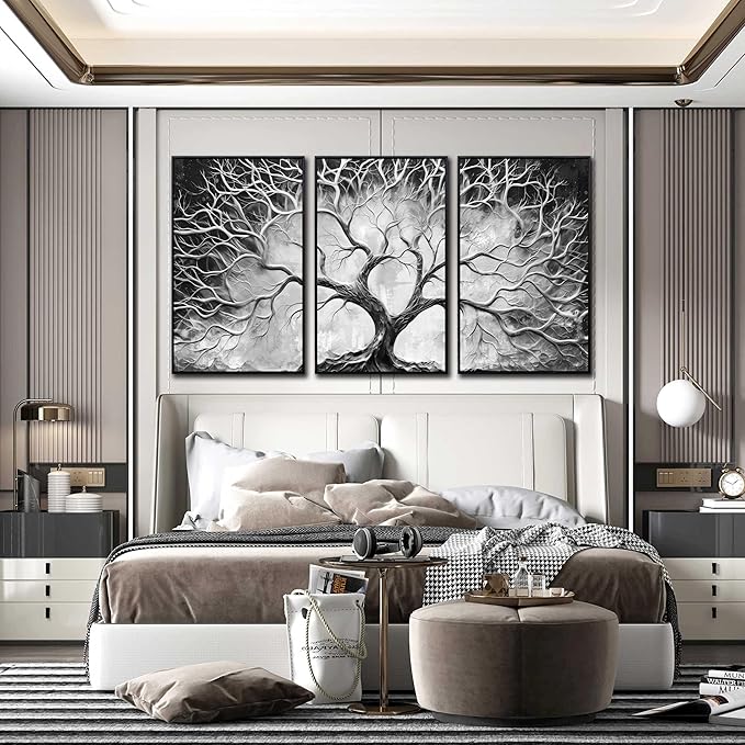 Large Framed Wall Art Bedroom - Tree Pictures Wall Decor - 3 Piece Abstract Wall Art with Black Frame Ready to Hang Size 24" x 36" x 3 Panels