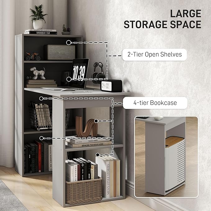 HOMCOM Modern Home Office Desk with 6-Tier Storage Shelves, 47" Writing Desk with Bookshelf, Gray