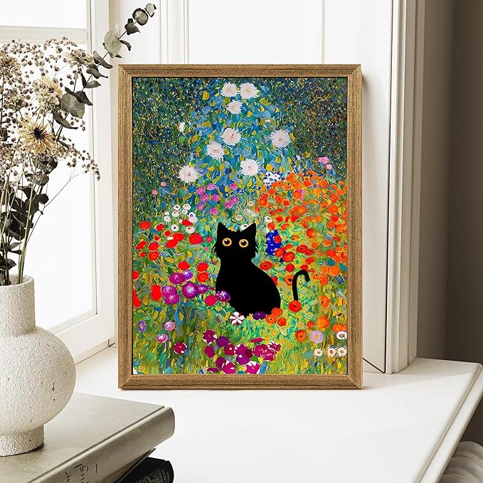 Fantasy Artists Gustav Klimt Canvas Wall Art, Framed Aesthetic Cat Floral Wall Decor, Garden Flower Black Cat Poster Paintings for Living Room Bedroom Bathroon, Dorm Home Decorations, 12" X 16"
