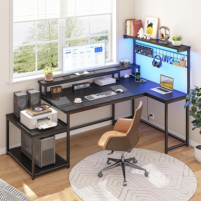 56" L Shaped Gaming Desk with LED Lights & Power Outlets, Computer Desk with Shelves & Hooks & Monitor Stand and Printer Space for Home Office, Corner Desk of Study Room, Bedroom, Black