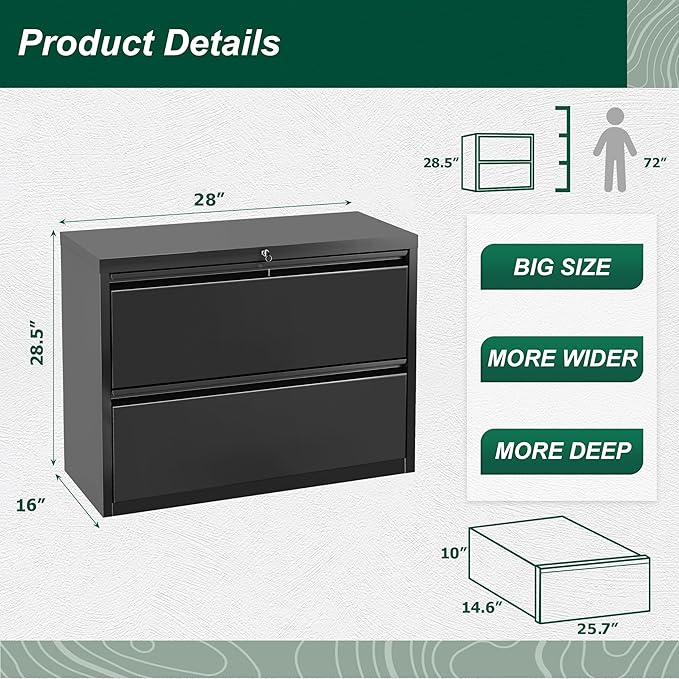 Superday Lateral File Cabinet, 2 Drawer File Cabinet with Lock, Black Filing Cabinets with Lock, Metal Filing Cabinets for Home Office/Legal/Letter/A4, Home Office Furniture for Hanging File