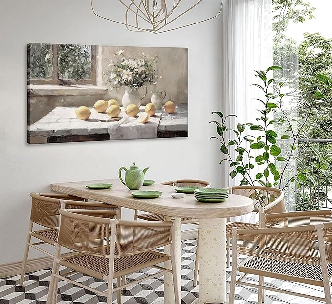 Vintage Kitchen Wall Art Yellow Lemon Still Life Pictures Daisy oil Painting Poster Rustic Farmhouse Artwork Posters White vase Canvas Bedroom Bathroom Wall Decor Kitchen Prints unframe 16x32in