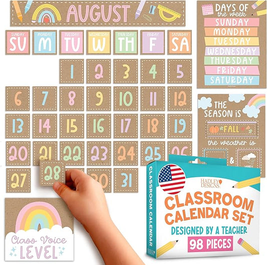 Hadley Designs Classroom Calendar Set Bulletin Board Decorations - Kraft School Calendar for Classroom Decor, Kindergarten Preschool Elementary Teacher Must Haves, Homeschool & Daycare Essentials
