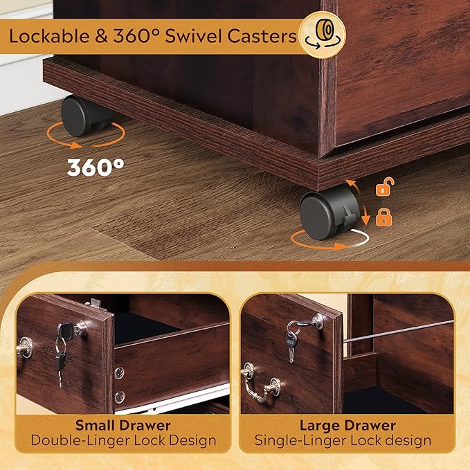 DEVAISE 3 Drawer File Cabinet with Charging Station, Wood Lateral Filing Cabinet with Lock, Rolling Printer Stand with Storage for Home Office, Brown Oak