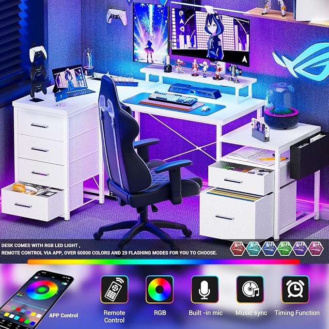 Unikito 70.8" Reversible L Shaped Computer Desk with Fabric File Drawers, Corner Desks with RGB LED Light & Power Outlets & Monitor Stand, Large Gaming Desk for Home Office Workstation, White