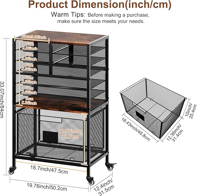9 Slots Lateral File Cabinet with Drawer, Mobile Filling Cabinet with Open Storage Shelves, Hanging File Folder For Letter Size Folders, Metal Bookshelf Organizer Cart for Office Home, Black