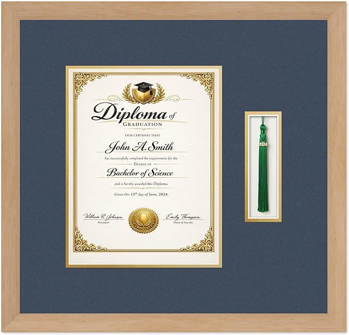 CountryArtHouse Diploma and Tassel Frame Fits 8.5 x 11 Certificate (Portrait) with Tassel H Natural Wood Genuine Hardwood Shadowbox with Navy Blue Over Metallic Gold Double mat