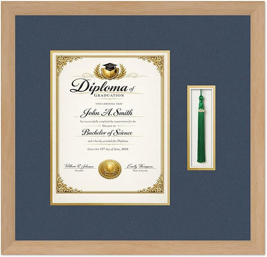 CountryArtHouse Diploma and Tassel Frame Fits 8.5 x 11 Certificate (Portrait) with Tassel H Natural Wood Genuine Hardwood Shadowbox with Navy Blue Over Metallic Gold Double mat
