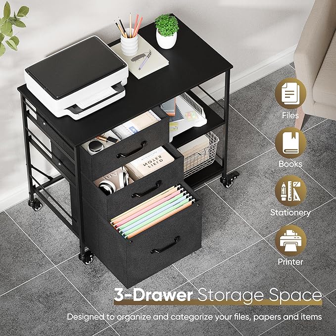 JungleA 3 Drawer Mobile File Cabinet, with 3 Fabric Drawers and 2 Shelves, Mobile Storage Organizer Cart for Office, Study Room, Library, Black