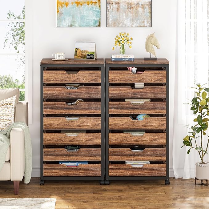 Tribesigns 7-Drawer File Cabinet, Wood Mobile Storage Drawer Unit, Industrial Office Cabinet with Drawers & Wheels, Rolling Printer Stand for Home Office (Rustic Brown)