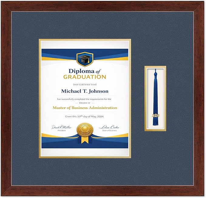 Diploma Frame with Tassel Holder Rustic Walnut Shadowbox Navy Blue Over Gold Mat - Fits 8.5 x 11 Degree Made in the USA