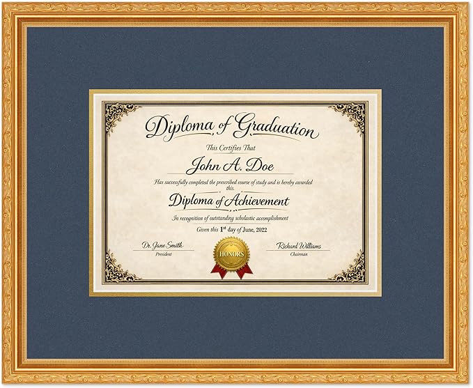 Diploma Frame Museum Gold with Navy Blue Over Gold Double Mat - Fits 11.69 x 8.27 A4 Certificate Wall Display Made in the USA