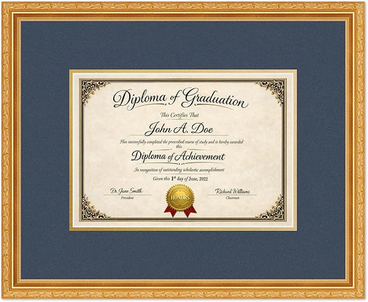 Diploma Frame Museum Gold with Navy Blue Over Gold Double Mat - Fits 11.69 x 8.27 A4 Certificate Wall Display Made in the USA