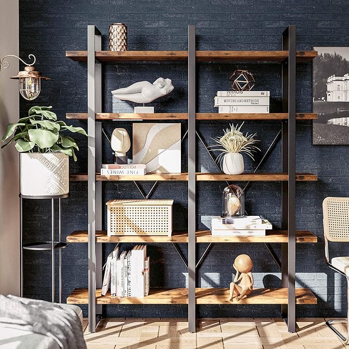 IRONCK Industrial Bookshelf and Bookcase Double Wide 5 Tier, Large Open Shelves, Wood and Metal Bookshelves for Home Office Furniture, Easy Assembly | Bookcase, Large, Open Shelves, Bookshelves, Easy Assembly