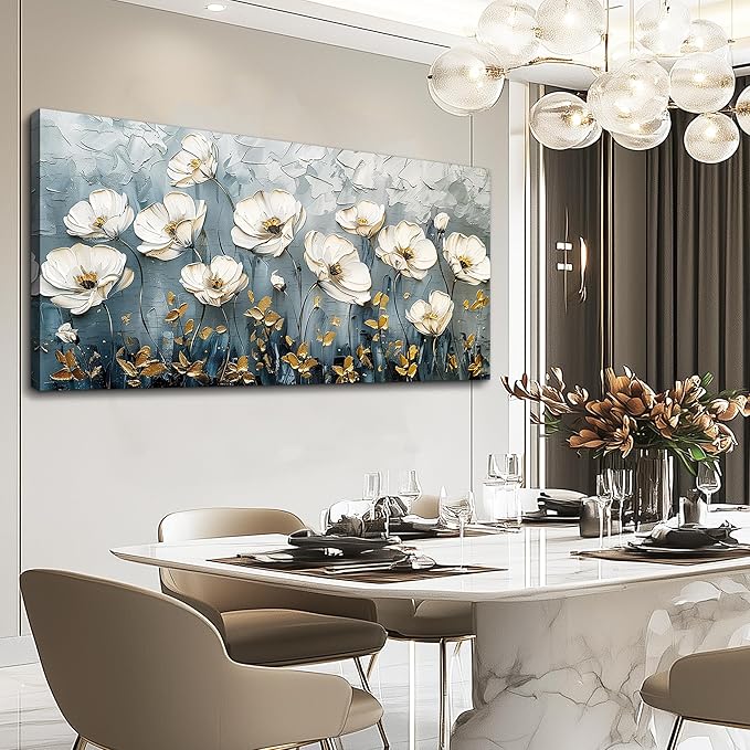 QIYILEXWART Canvas Wall Art For Living Room Wall Decor For Bedroom Office Wall Decoration Textured White Flower Landscape Painting Farmhouse Pictures Artwork Room Aesthetic Home Decor 20x40 In