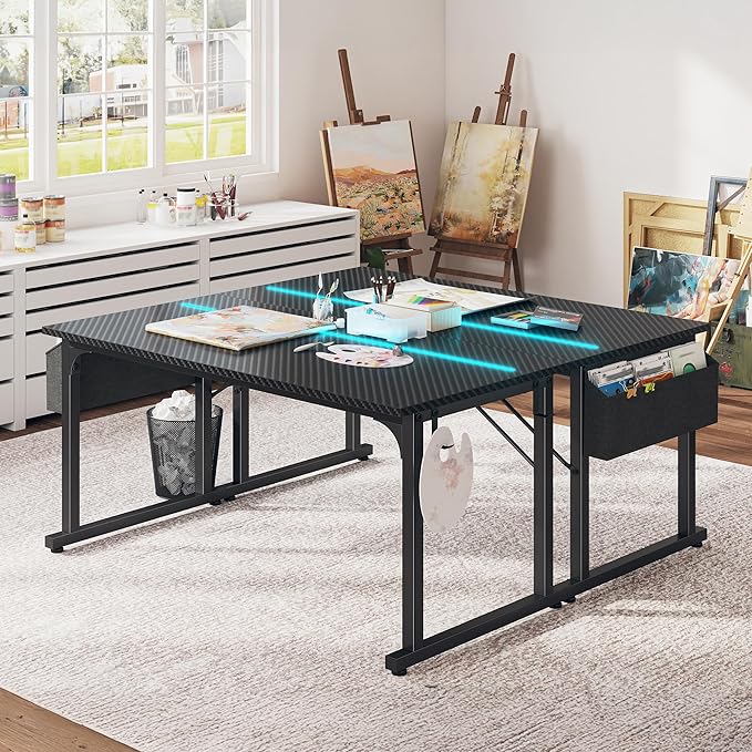 55 Inch Gaming Desk with LED Lights,Computer Desk with Storage Bag for Home Office, Simple Office Desk with Headphone Hook for Study Writing Work Desk,Sturdy Metal Frame,Black
