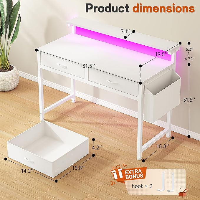 Computer Desk with 2 Drawers & LED Lights,31.5 Inch Home Office Desks with Side Pocket and Monitor Stand,Study Writing Table for Small Spaces,White