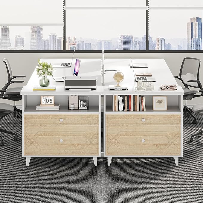 Lateral File Cabinet with Shelf, 2 Drawer Filing Cabinet for A4/Letter/Legal Size, Modern Industrial Office Storage Cabinet Printer Stand for Home Office, White and Light Brown