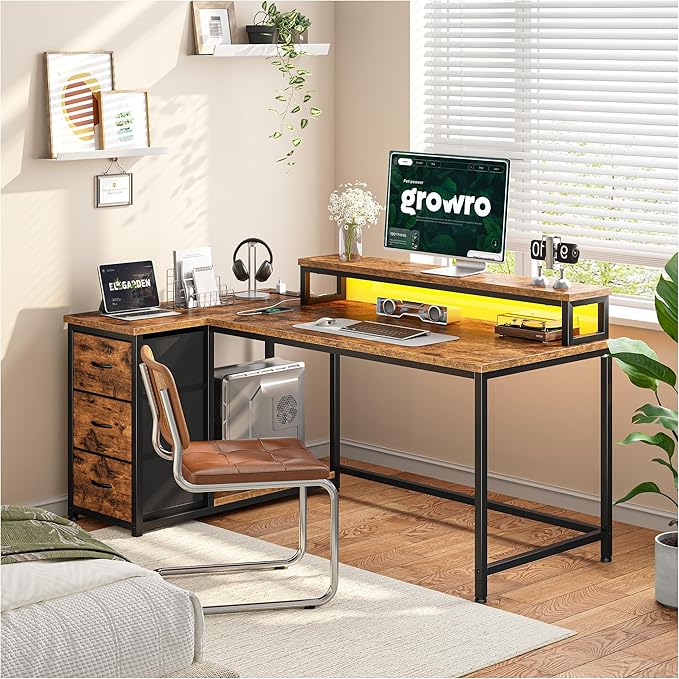 EnHomee L Shaped Desk with 3 Drawers, 40 Inch Small Desk with Monitor Stand, Gaming Desk with Power Outlet, Computer Corner Desk with LED Lights for Gaming, Home Office, Study Room, Rustic Brown
