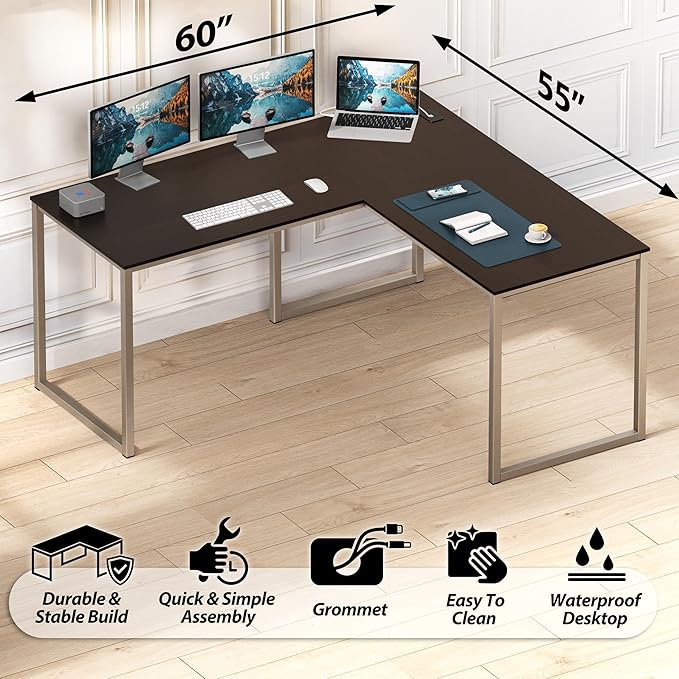 SHW Mission 55 x 60 Inches L-Shape Home Office Computer Desk, Espresso
