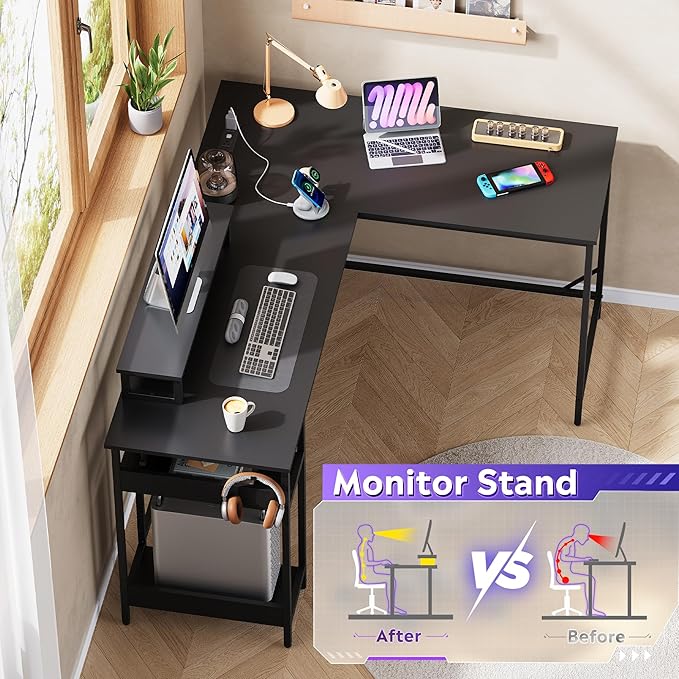 DEVAISE 60 Inch L Shaped Gaming Desk with LED Lights & Power Outlets, Corner Desk for Small Spaces, Sturdy PC Computer Table with Storage for Home Office, Black