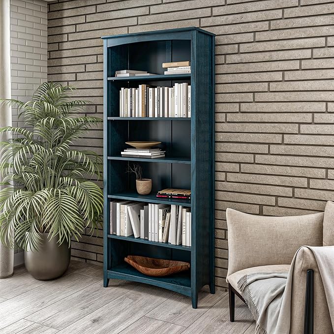 Camaflexi Shaker Style 6 Shelf Bookcase/Solid Wood / 72" High/Adjustable Shelving/Closed Back/Display Bookshelf for Living Room, Bedroom, Home and Office, Deep Ocean Blue