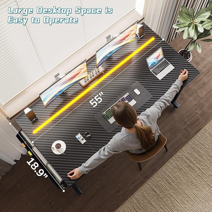 55 Inch Gaming Desk with LED Lights,Computer Desk with Storage Bag for Home Office, Simple Office Desk with Headphone Hook for Study Writing Work Desk,Sturdy Metal Frame,Black