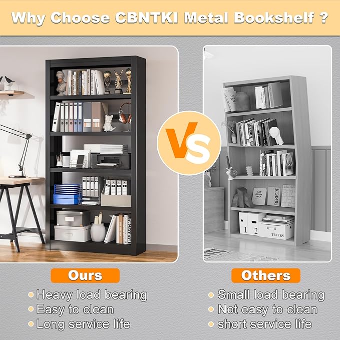5 Tier Metal Bookshelf,69'' Tall Heavy Duty Bookcase with Adjustable Shelves,Black Large Modern Bookshelves,Industrial Open Bookcases for Library,Office,Study Room,Living Room