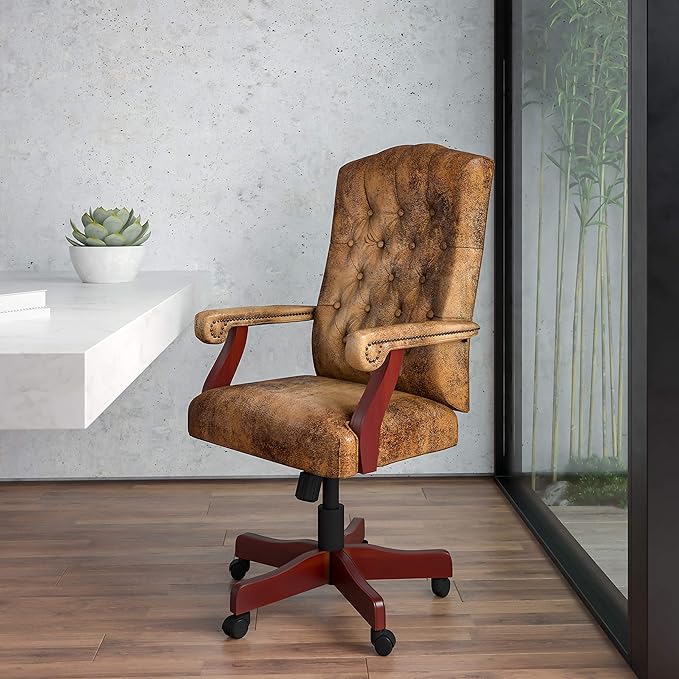 Flash Furniture Derrick Traditional Microfiber Tufted Swivel Office Chair with Wood Base, Ergonomic Farmhouse High-Back Desk Chair, Bomber Brown