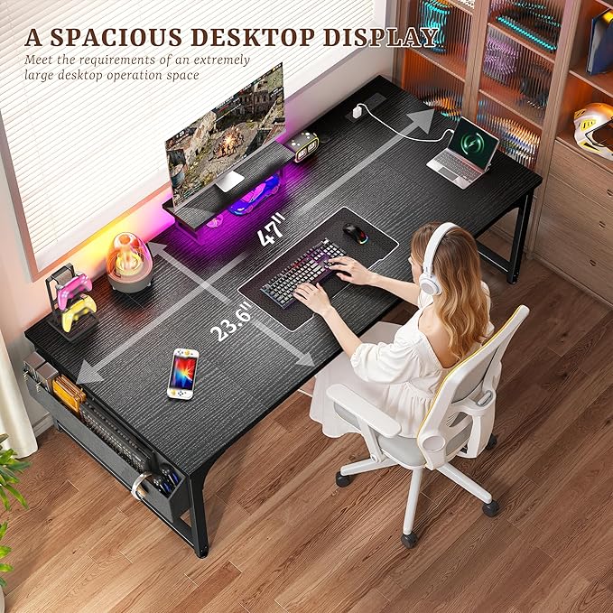 Gaming Desk with Power Outlets & LED Light, Computer Desk with Monitor Stand & 0.95inch Thicker Desktop & Storage Bag, Writing Desk for Home Office, Study, Bedroom, Black