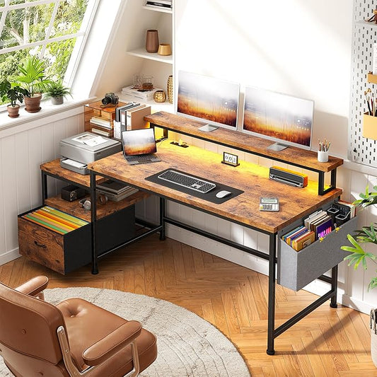 Computer Desk with Monitor Stand,Office Desk with LED Lights &Power Outlets,Gaming Desk with Drawers & Printer Shelf,Writing Table with Side Storage Bag,57" W x 20" D x 36" H,Rustic Brown