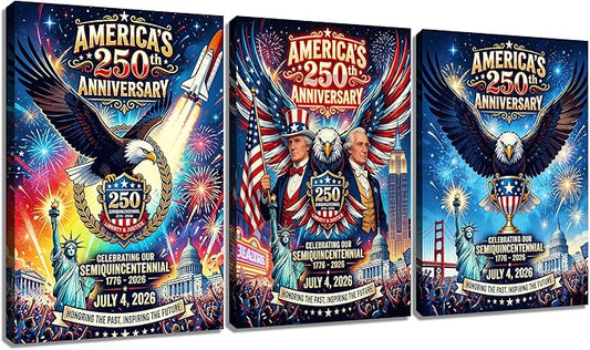 DINGFUN Semiquincentennial 3 Panel Canvas Art, USA 250th Anniversary Patriotic Wall Decor, 1776-2026 American Flag Eagle Framed Painting for Home Bedroom and Office Decor, 48x24 Inch