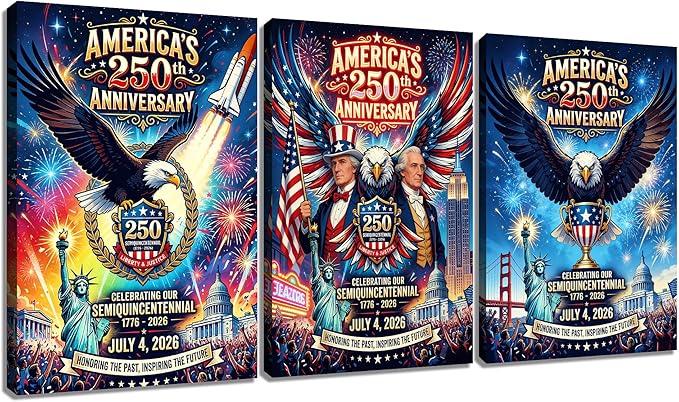 DINGFUN Patriotic Wall Decor 3 Piece Canvas Art, 1776-2026 America's 250th Anniversary Semiquincentennial Framed Large Painting, USA Historical Celebration Print for Living Room, 72x36 Inch