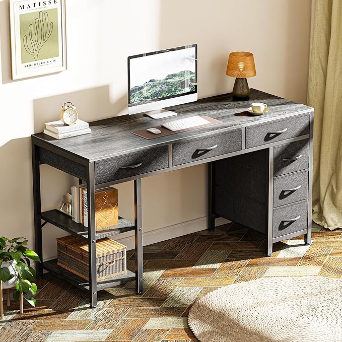 Huuger Computer Desk with 6 Drawers, Office Desk with Shelves, Reversible Gaming Desk, Corner Desk with Storage, Work for Home Office, Study, Living Room, 47inch, Gray