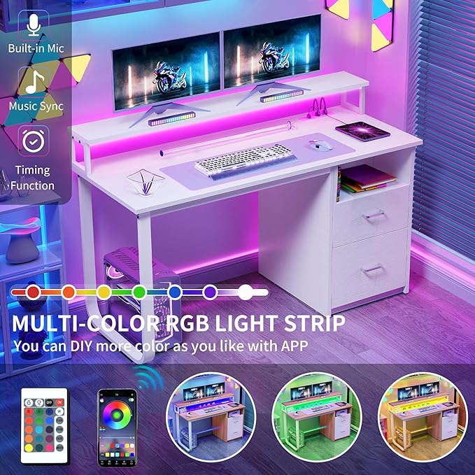 YITAHOME Computer Desk with Drawers, 47.2" Office Desk with Power Outlets & LED Light, Home Office Desk with Storage Shelves, White