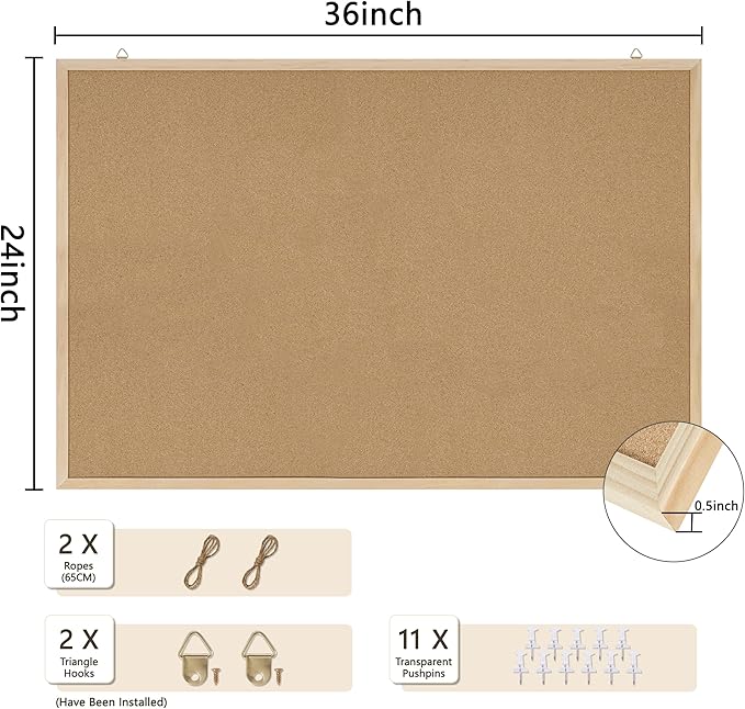 Cork Board Bulletin Board,36x24 Cork Board for Office with Pin Oak Wood Boards,Message Board or Vision Board Decoration.