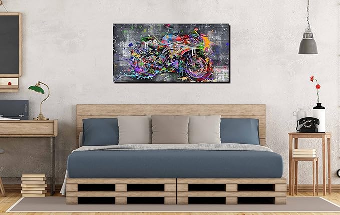 SIXTTART Graffiti Motorcycles Wall-Art - Wall Decor For Bedroom Men - Room Decor For Teens Ready To Hang Size 40" x 20"