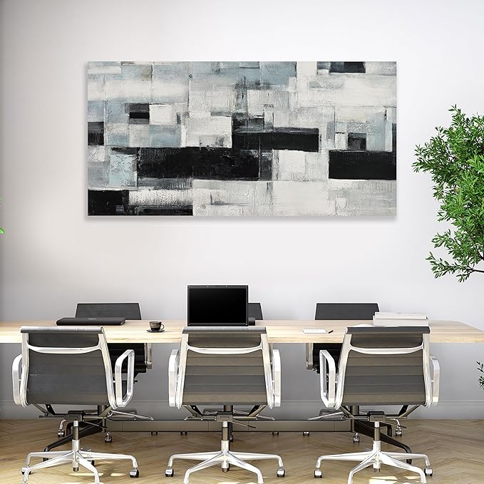 Glvzygy Abstract Wall Art Room Decor Black White and Gray Plaid Minimalism Picture Abstract Art Wall Decor Modern Abstract Wall Art Canvas for Living Room Bedroom Office 24"x48"