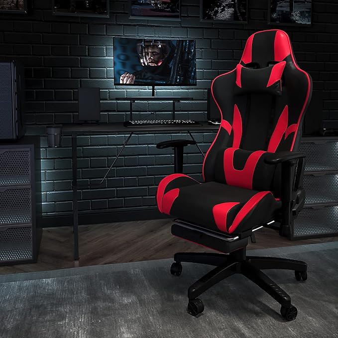 Flash Furniture X30 Gaming Chair Racing Office Ergonomic Computer Chair with Fully Reclining Back and Slide-Out Footrest in Red LeatherSoft